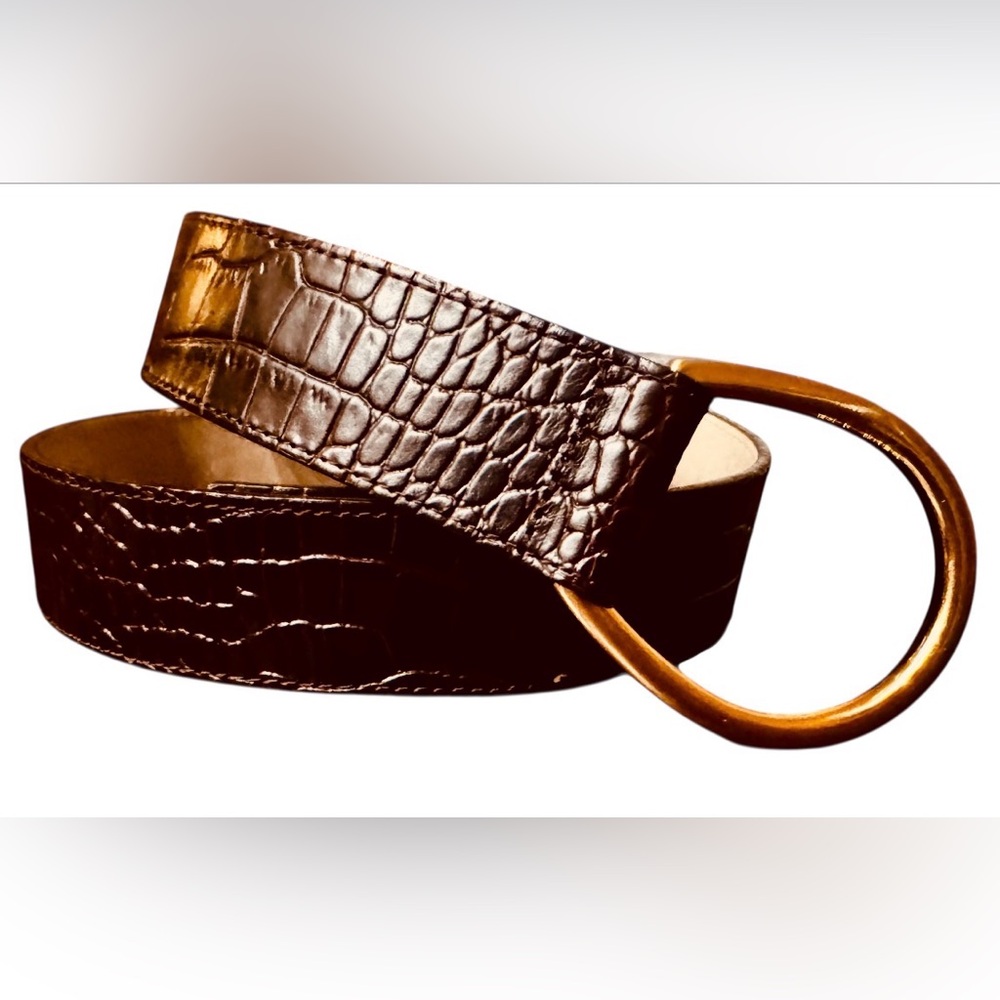 Talbots leather belt size L chocolate brown gold open buckle crocodile preppy - Picture 2 of 6
